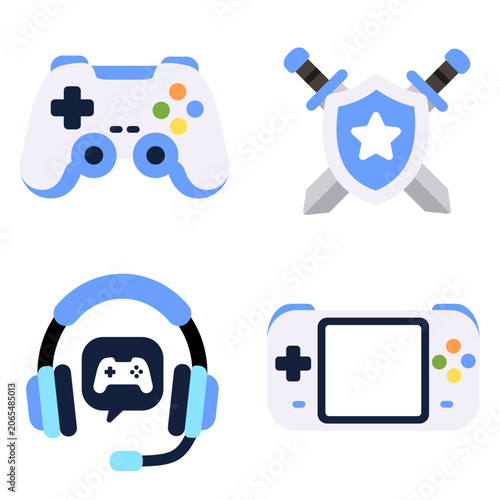 Flat gaming icon collection featuring controller, headset, handheld console, and shield with swords. Modern blue vector set for esports, gaming apps, UI, and digital entertainment.