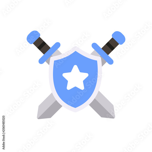 Blue shield with crossed swords flat vector illustration symbolizing protection, security, defense, fantasy gaming, battle, courage, and achievement.