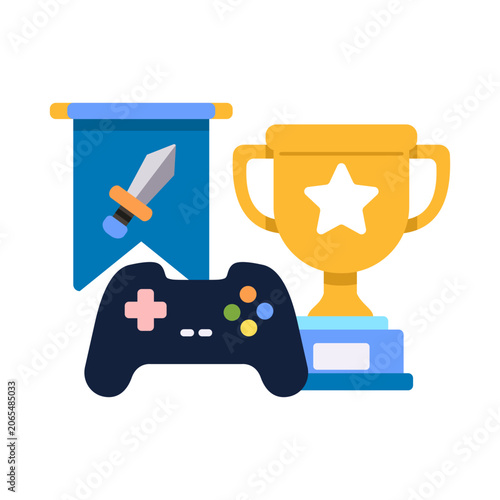 Gaming trophy with controller and victory banner flat vector illustration. Ideal for esports tournaments, achievements, championships, awards, and competitive gaming.