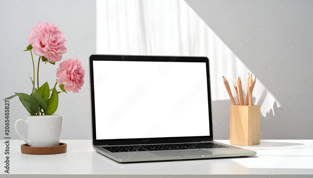 Fototapeta premium Laptop with blank screen, pink flowers, pencils on white desk, lit by window light