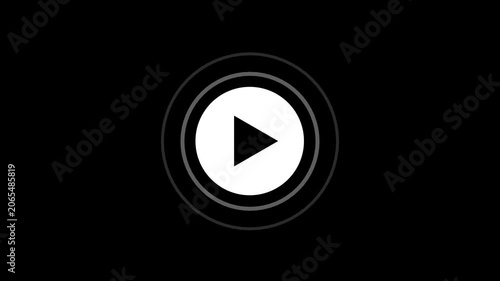 A stark black background with a central white circular play button icon featuring a black triangle pointing to the right, surrounded by two concentric grey rings that appear to be pulsing or