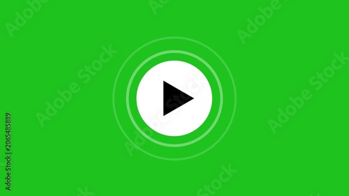 A vibrant green background serves as the backdrop for a central white circular play button icon with a black triangle pointing right, encircled by two subtle concentric grey rings, evoking a sense