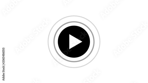 A clean white background showcases a black circular play button icon with a white triangle pointing right, framed by two subtle concentric grey rings, presenting a clear and versatile graphic