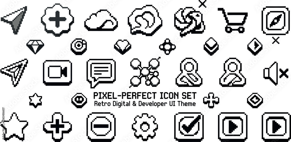 Fototapeta premium Retro Pixel Style UI Icons Collection – Clean Minimal App Symbols, Digital Interface Elements Pack
