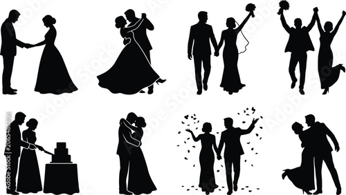 Tableau sur toile Black silhouettes of wedding couples celebrating love, ceremony, and romantic tr