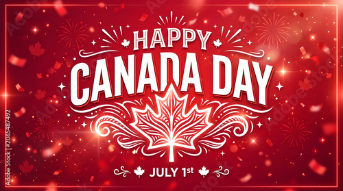 Vibrant Canada Day Celebration with Maple Leaf Decorations on Red Background