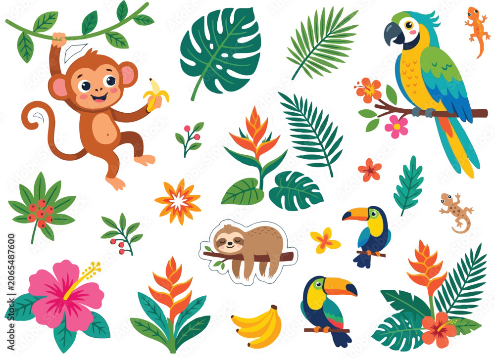 Fototapeta premium Tropical jungle animals and plants sticker set, monkey sloth toucan parrot lizards and exotic flowers on transparent background.
