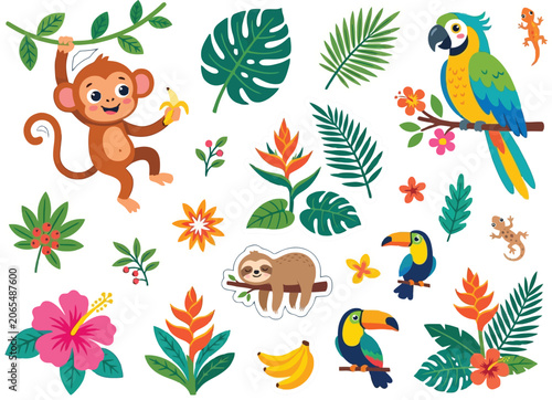 Tropical jungle animals and plants sticker set, monkey sloth toucan parrot lizards and exotic flowers on transparent background.