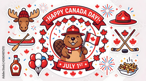 A colorful illustration celebrating Canada Day with a beaver, maple leaf, and festive symbols on a joyful summer day.