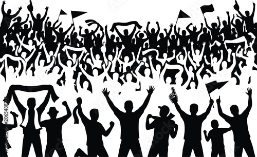 Diverse cheering crowd silhouette, fans celebrating event with flags and banners, energetic group jumping and dancing.