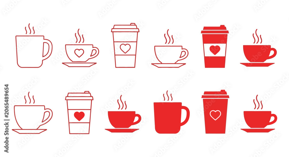 Obraz premium Red Line Art Coffee Cups And Takeaway Cups Collection