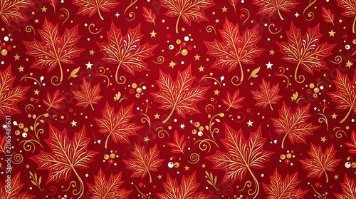 Vibrant red maple leaf pattern with golden accents and dots