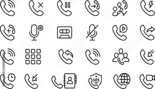 Set of 24 vector linear icons. call and communication line icons set. phone icon collection.