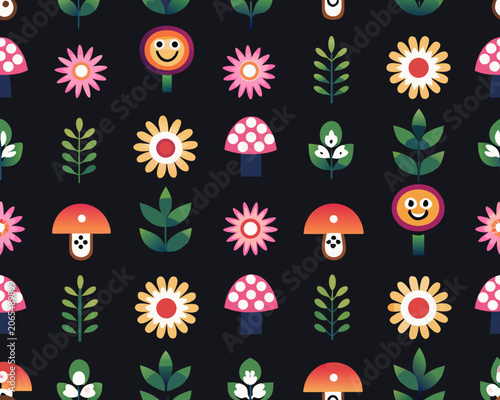 Photos Floral and fungal pattern with smiling flower vector illustration