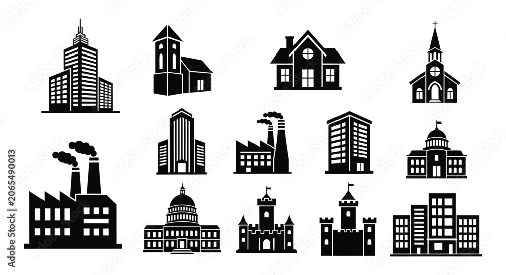 Fototapeta premium Building Silhouettes Collection Black Vector Illustration On White Background