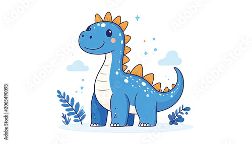 Smiling blue dinosaur with orange spikes.