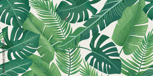 Canvastavla Tropical leaf pattern with monstera and palm fronds vector illustration