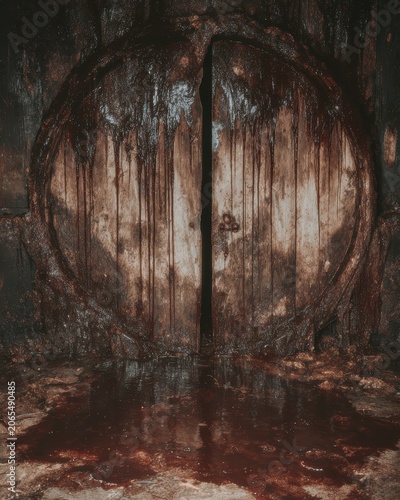 Dark rusty circular door with dripping stains and wet floor in abandoned space