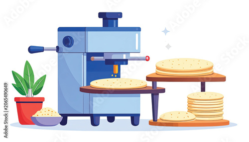 Tortilla press machine with stack dough.