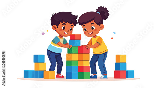 Two children building with colorful blocks.