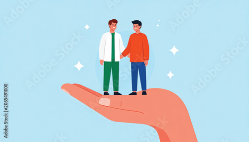 Two men standing on a hand.