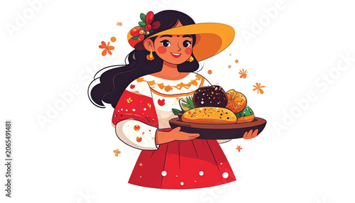 Woman holding tray of food smiling.