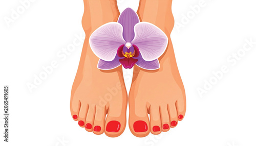 Woman feet with red toenails flower.