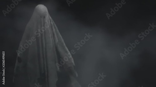 Scary Sheet Ghost Levitating in Dark Misty Night Halloween Horror Concept