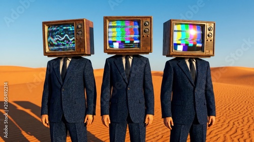 Three businessmen with vintage television sets for heads standing in a vast desert landscape at sunset