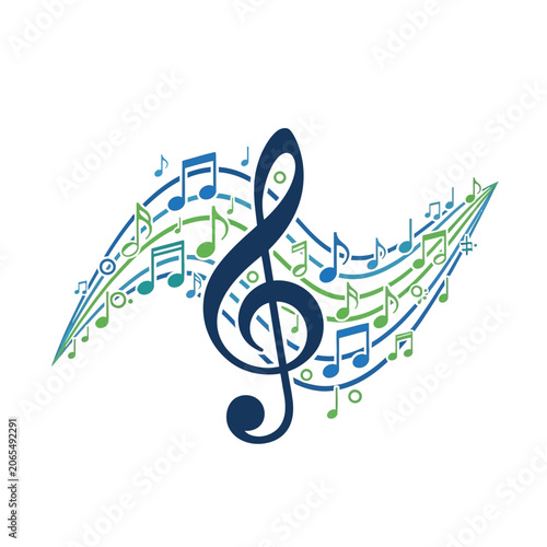 Blue and green musical notes with central treble clef symbol