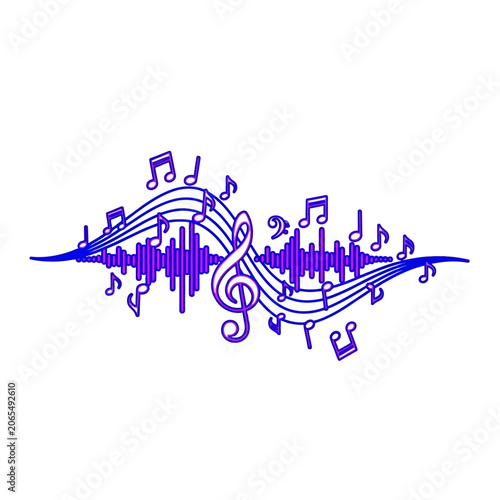 Blue and purple musical notes with digital sound wave