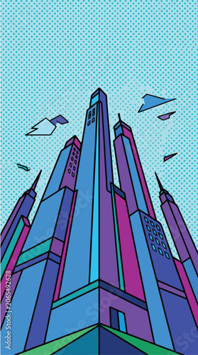 Colorful illustration of a futuristic skyscraper with birds flying