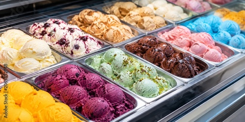 Colorful gelato and ice cream assortment in a refrigerated display case for a dessert shop counter