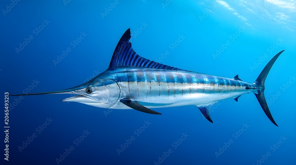 Obraz premium Marlin fish swimming in blue ocean water for sport fishing, deep sea adventure and marine life exploration. Billfish, sailfish and predator in the sea for nature documentary and wildlife travel