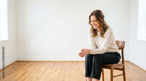 Young woman sitting on a wooden chair in a bright empty room with natural sunlight and copy space