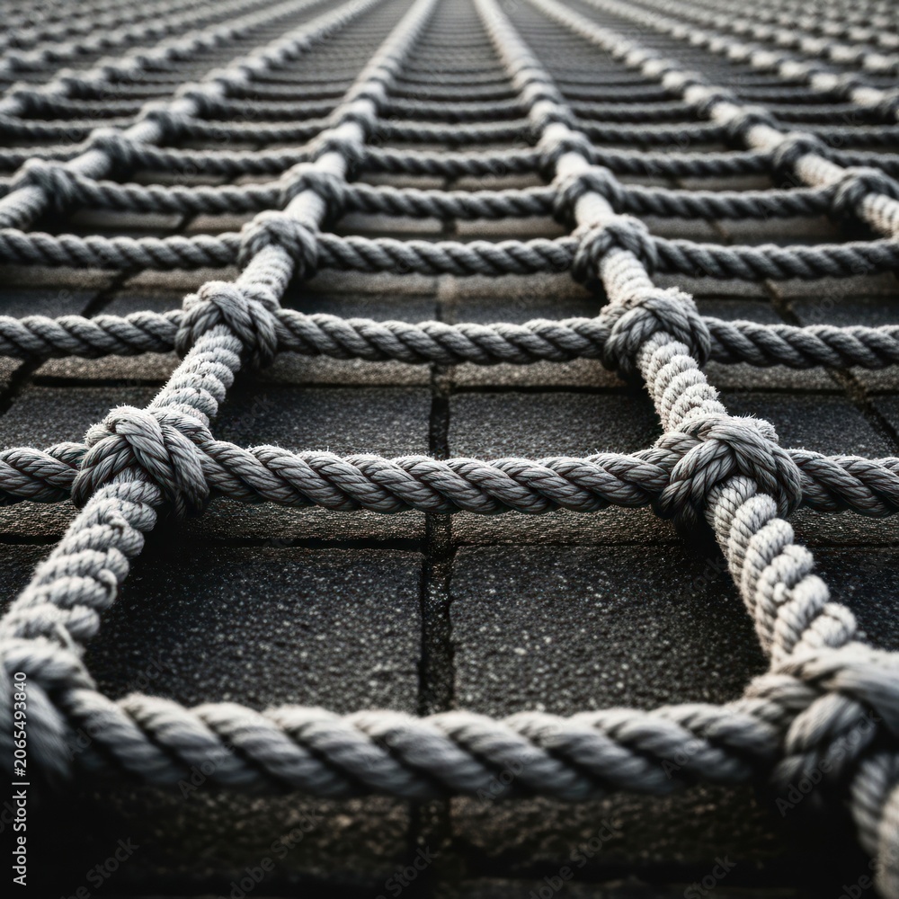 Fototapeta premium Close-up of a tightly knotted rope net forming a grid pattern