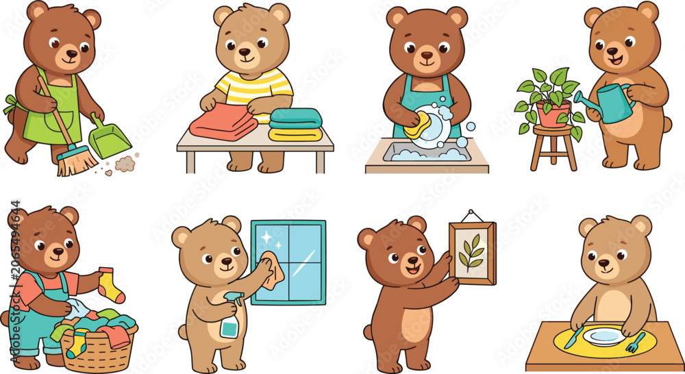 Fototapeta premium Cute Cartoon Bear Housework Character Set with Home Cleaning Chores and Daily Housekeeping Illustrations