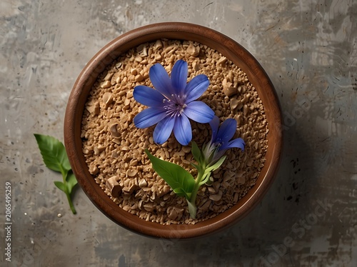 Chicory Root with Blue Flowers and Natural Powder Isolated on White Background for Healthy Eating Nutrition and Herbal Wellness Concepts