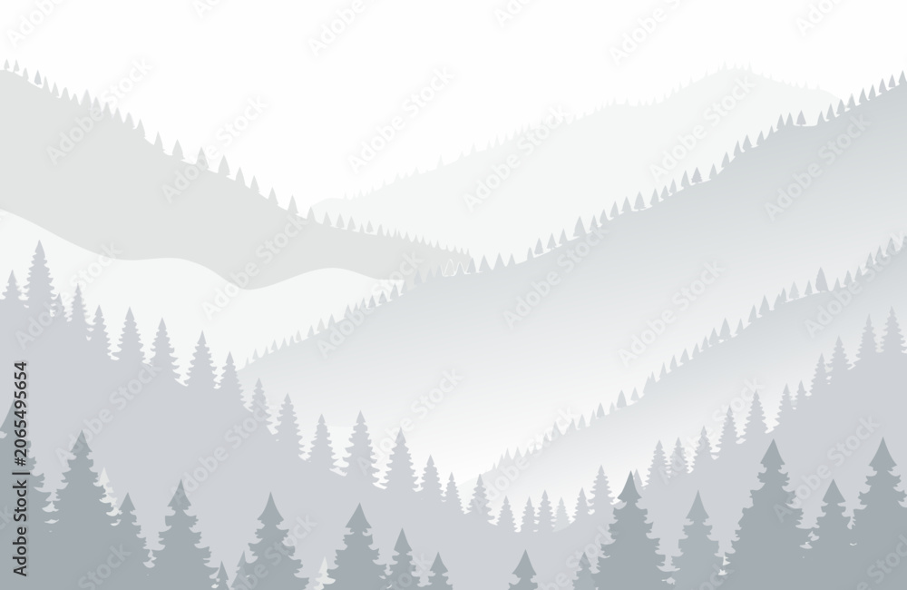 Fototapeta premium Black Pine Forest Silhouette Overlapping Misty Mountain Layers During Dusk