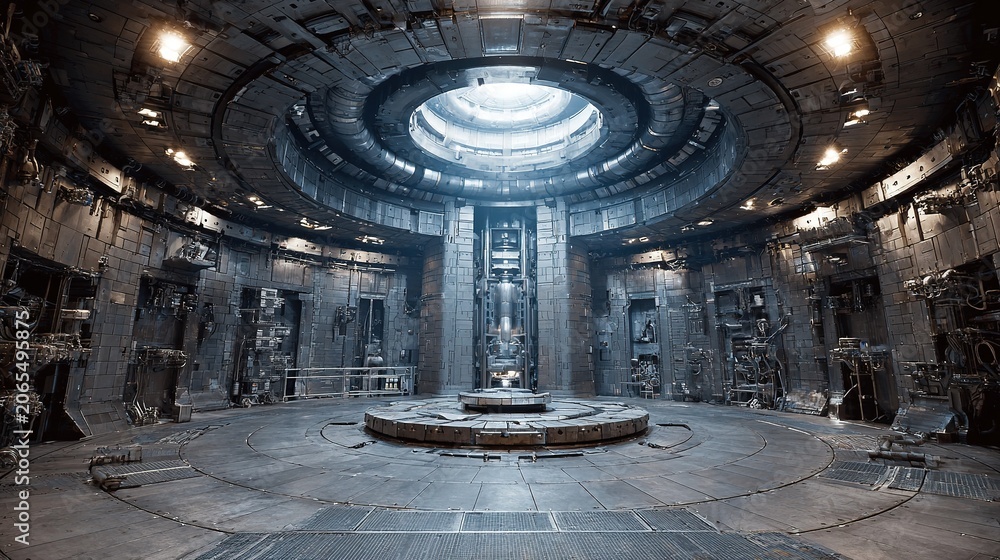 Obraz premium Interior view of an advanced tokamak nuclear fusion reactor, equipped with a complex magnetic confinement system, superconducting coils, and plasma confinement walls. (This refers to the experimental 