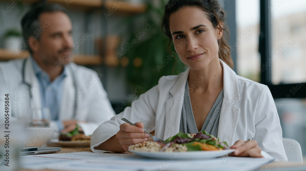 Fototapeta premium Nutrition consultation between a registered sports dietitian and female endurance athlete, a detailed meal plan spread across a clinic table alongside blood work results,