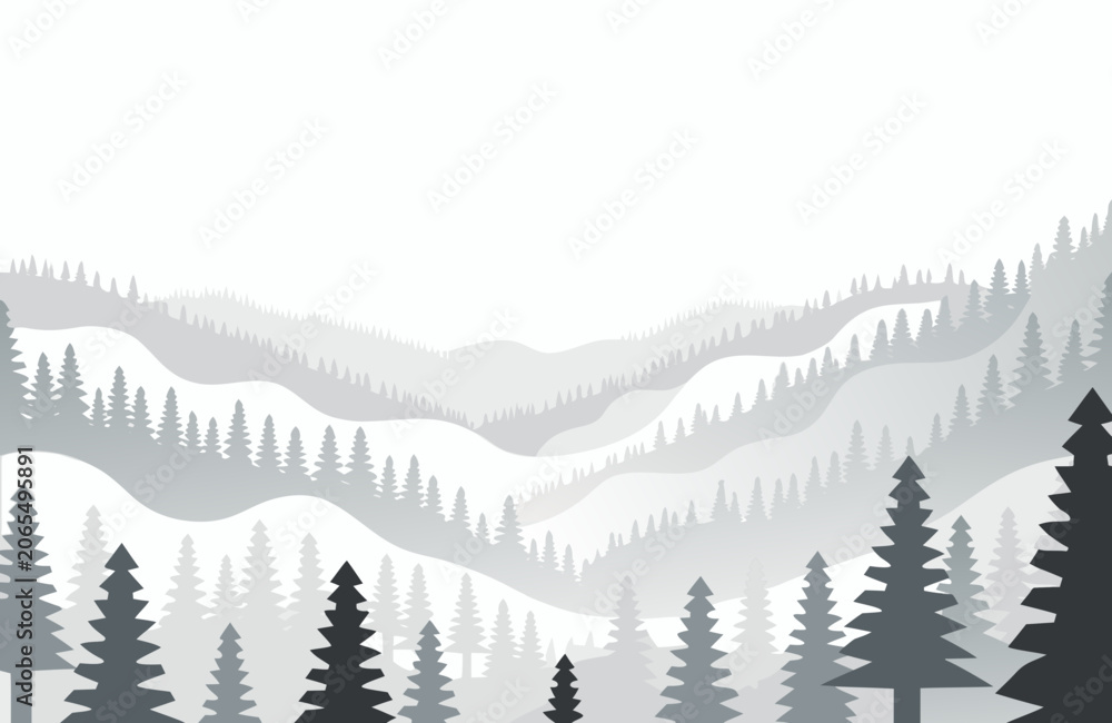 Fototapeta premium Monochromatic mountain range with pine trees during daytime with subtle gradient layers