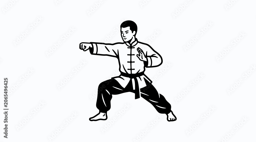 Fototapeta premium Martial Arts Fighter Performing Kung Fu Stance, Black and White Illustration