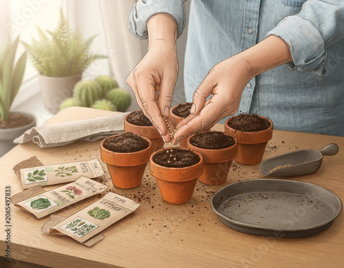 Illlustration of seed planting in pots with clear details.