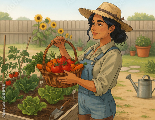 Medium shot illustration of a young woman gardener harvesting vegetables with a basket in a home garden.