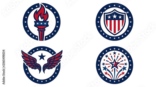 Circular patriotic emblems with torch shield wings and fireworks