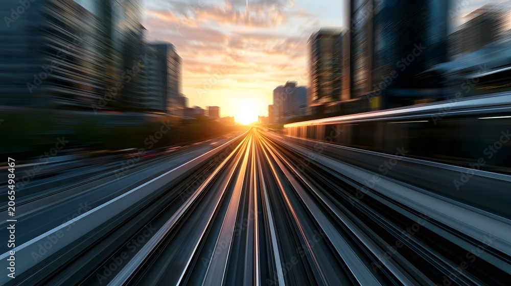 Obraz premium Dynamic transportation scene captured during a golden sunset showcasing a futuristic and efficient journey