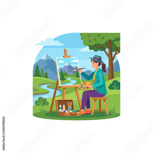 Woman painting on an easel outdoors.