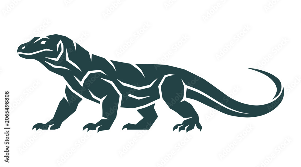 Obraz premium Komodo Dragon Illustration in Dark Green on White Background.