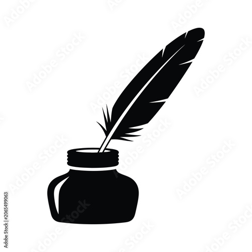 Obraz na płótnie Feather Quill Pen in Inkwell Silhouette Vector, Vintage Writing and Calligraphy